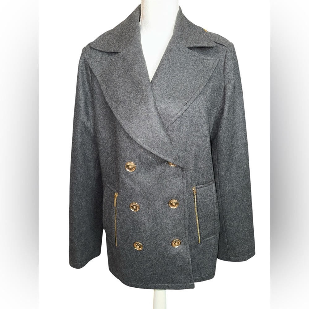 Michael Kors Women’s Gray Double-Breasted Pea Coat with Gold Buttons #118